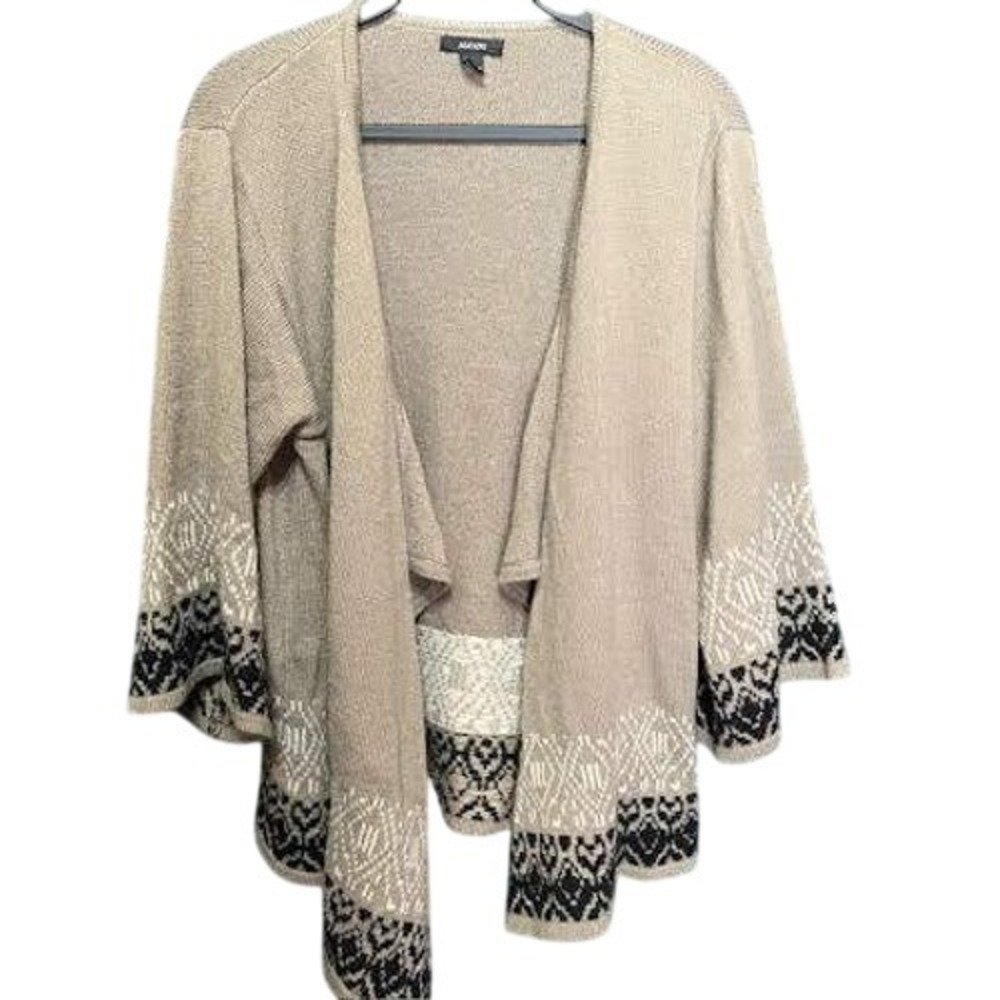 Womens Cardigan‎ Sweater Knit Open Front Beige Black Patterned Bohemian Style